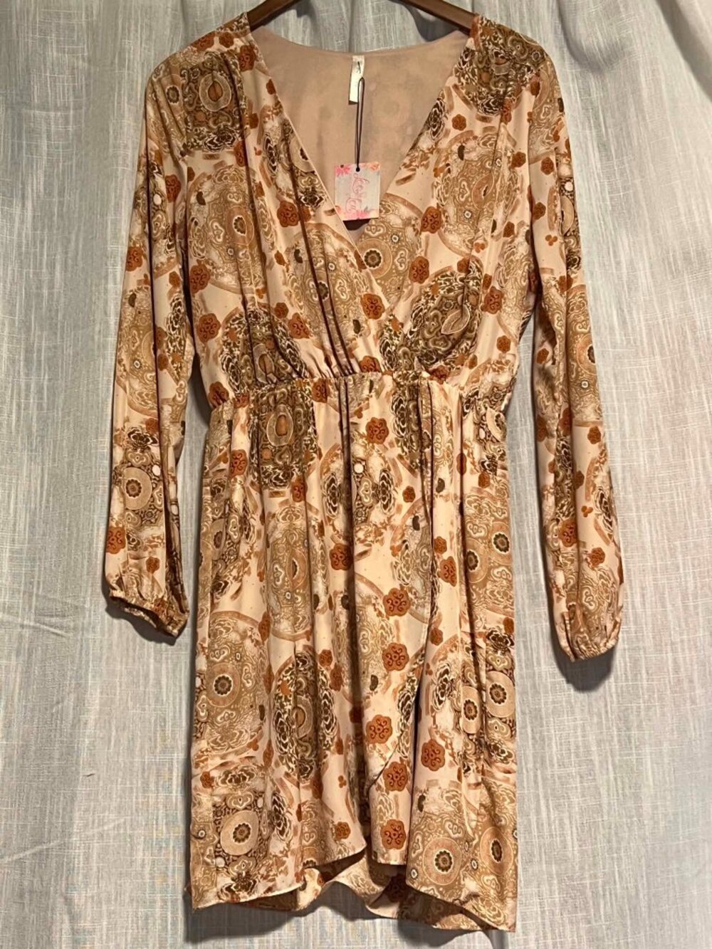 Boho Style Long Sleeve Mini Dress Floral Taupe Size L